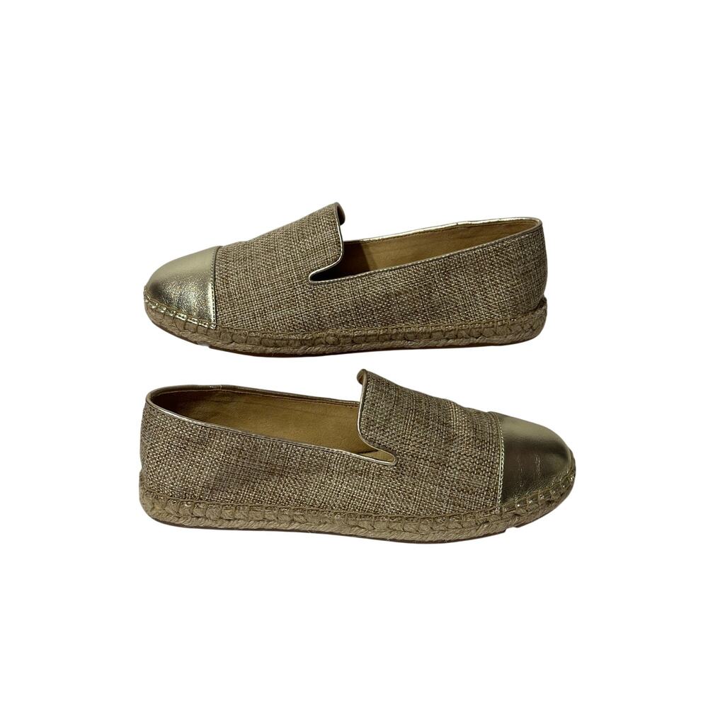 NWOB TALBOTS Izzy Espadrille Flats Linen / Gold Metallic Leather Cap Toe 7 NEW